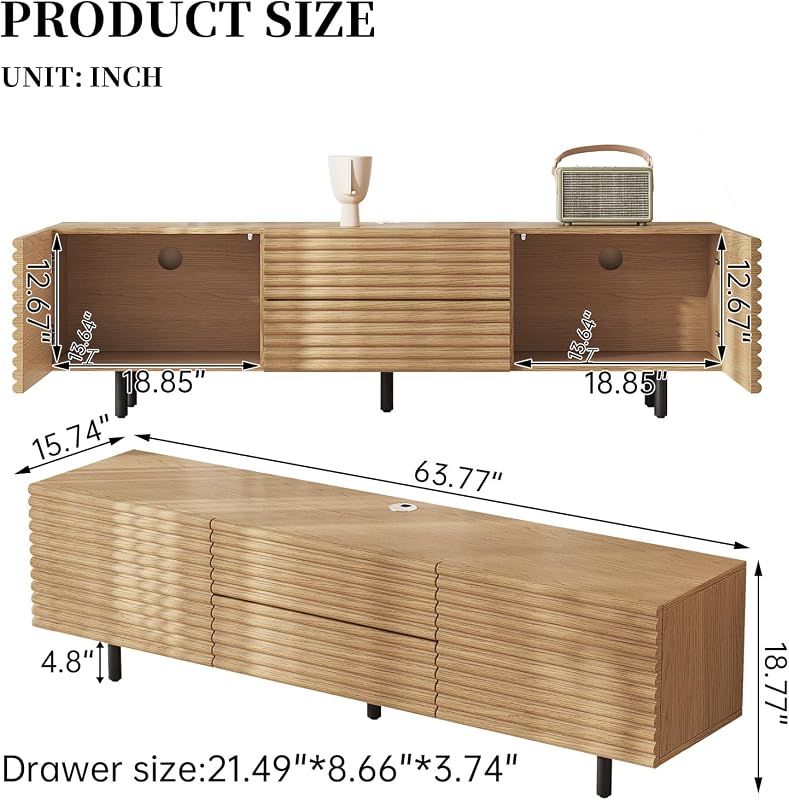 Guyii Modern TV Stand, Wood Color TV Cabinet, Television Stand with 2 Cabinets and 2 Storage Drawers, TV Console Cabinet for Living Room, Bedroom, Home (1 Piece) image 2