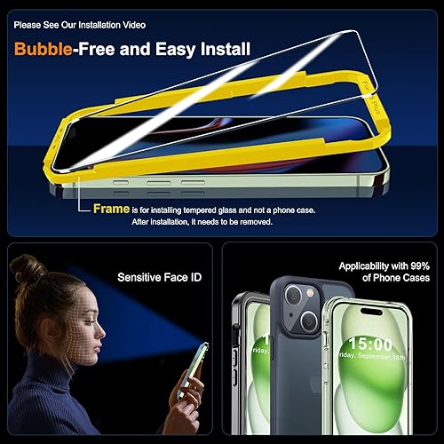 Miniatura 6 de QHOHQ Paquete de 3 protectores de pantalla para iPhone 15 Plus [6.7 pulgadas] con 3 protectores de lente de cámara, película de vidrio templado,