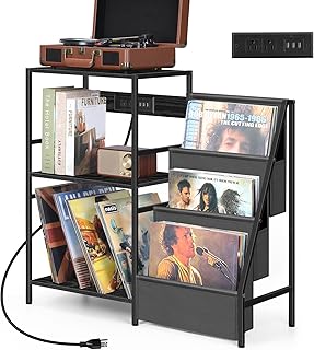 Record Player Stand, Vinyl Record Storage Table with Charging Station Turntable Stand End Table with 3-Tier Vinyl Storage Shelves Vintage Album Record Player Display Cabinet for Living Room Black