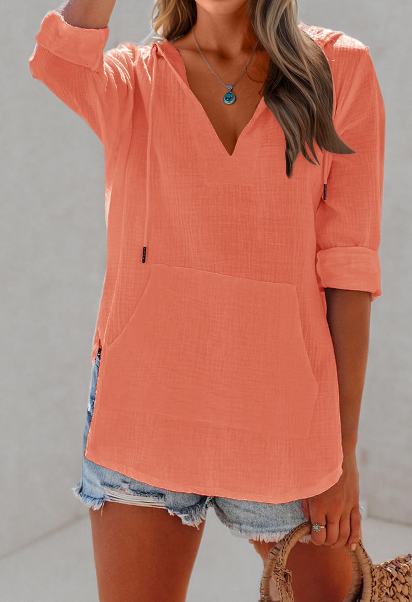 Ebifin Damen Beach Cover Up Hoodies Sweatshirt Langarm V-Ausschnitt Taschen Kapuzenshirt Top