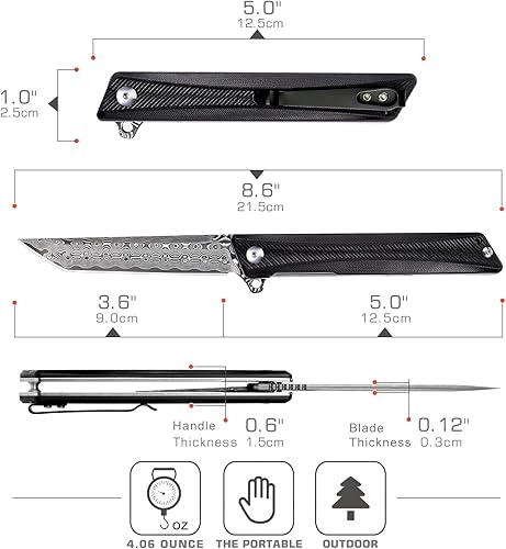 Vista 26 de REMETTE Cuchillo de bolsillo GD22K, Flipper Open D2 Steel Tanto plegable con mango G10 duradero, cuchillo EDC de transporte diario para hombres