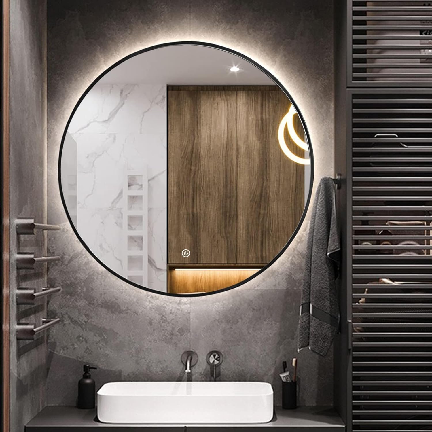 Niccy 40" LED Backlit Round Mirror for Bathroom, Black