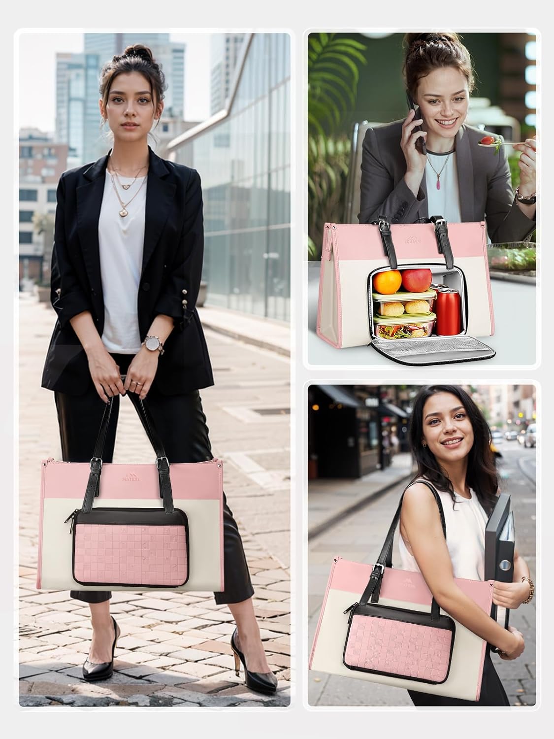 MATEIN Lunch Tote Bag for Women, 15.6 Inch Laptop Purse with Lunch Compartment, Waterproof PU Leather Briefcase with Insulated Pocket, Office Handbag for Work, Daily Use, Gifts for Ladies, Beige Pink