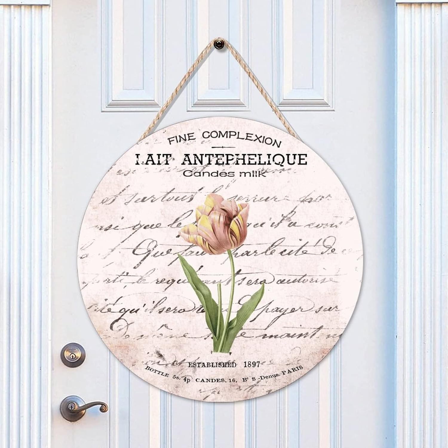 Rustic Wall Door Hanging Sign, French Vintage Flower Wood Door Sign, Flower 16x16in Front Door Round Wood Sign for Front Door Entryway Porch Bar Pub Farewell Party Housewarming Gifts