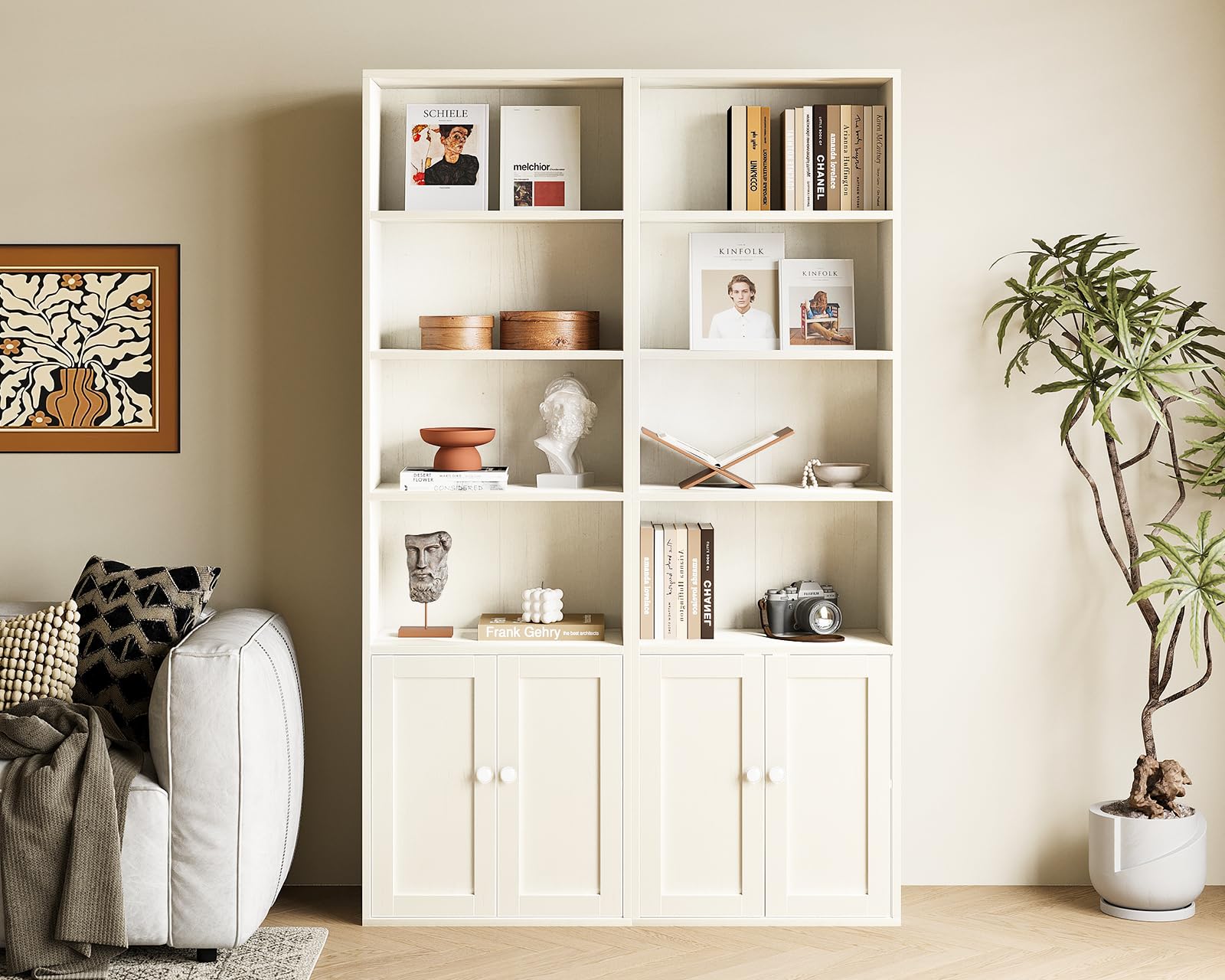 Coleshome Estantería Libros, Librería de 6 Niveles con Puertas y Armario, Estantería de Pie para Salón, Dormitorio, Oficina, Almacenamiento y Exhibición, Blanco, 48 x 24 x 176.4