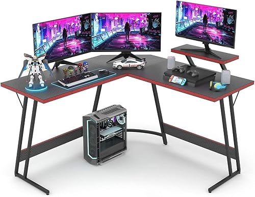 Miniatura 15 de VICTONE Escritorio para juegos en forma de L, escritorio de esquina con soporte para monitor, mesa de computadora para computadora para oficina en