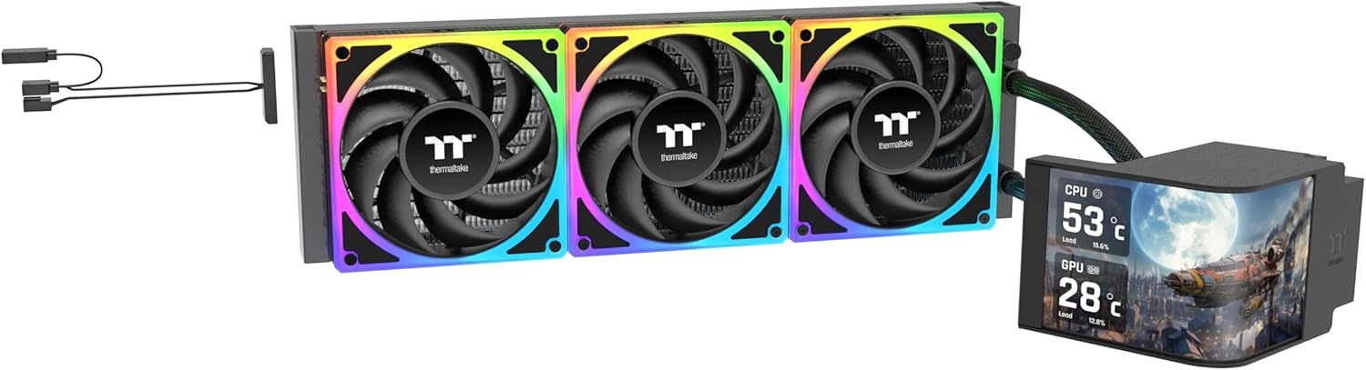 Thermaltake MAGCurve 360 Ultra CPU Liquid Cooler; Intel/AMD Compatible; 3x120mm 500~2500rpm TOUGHFAN EX ARGB; MAGForce 2.0; 6.67" AMOLED 60Hz; Swappable Fan Blades; TT RGB Plus 3.0; CL-W453-PL12SW-A