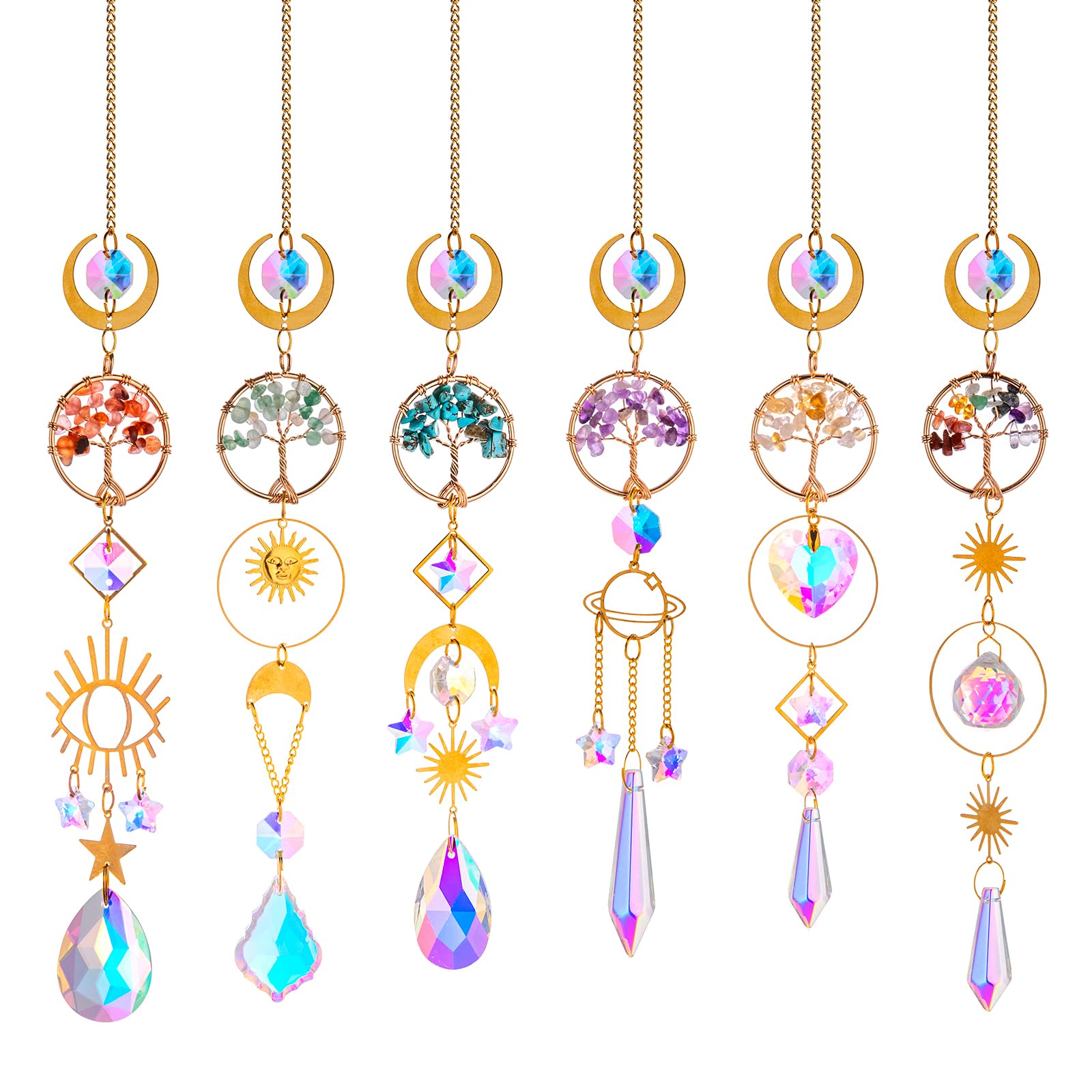 6 PCS Crystal Suncatchers for Window Hanging, Sun Catchers Indoor Window Garden Hanging with Crystals Prism Light Catcher,Tree of Life Crystal Suncatcher for Indoor Outdoor Home Garden Party Decor