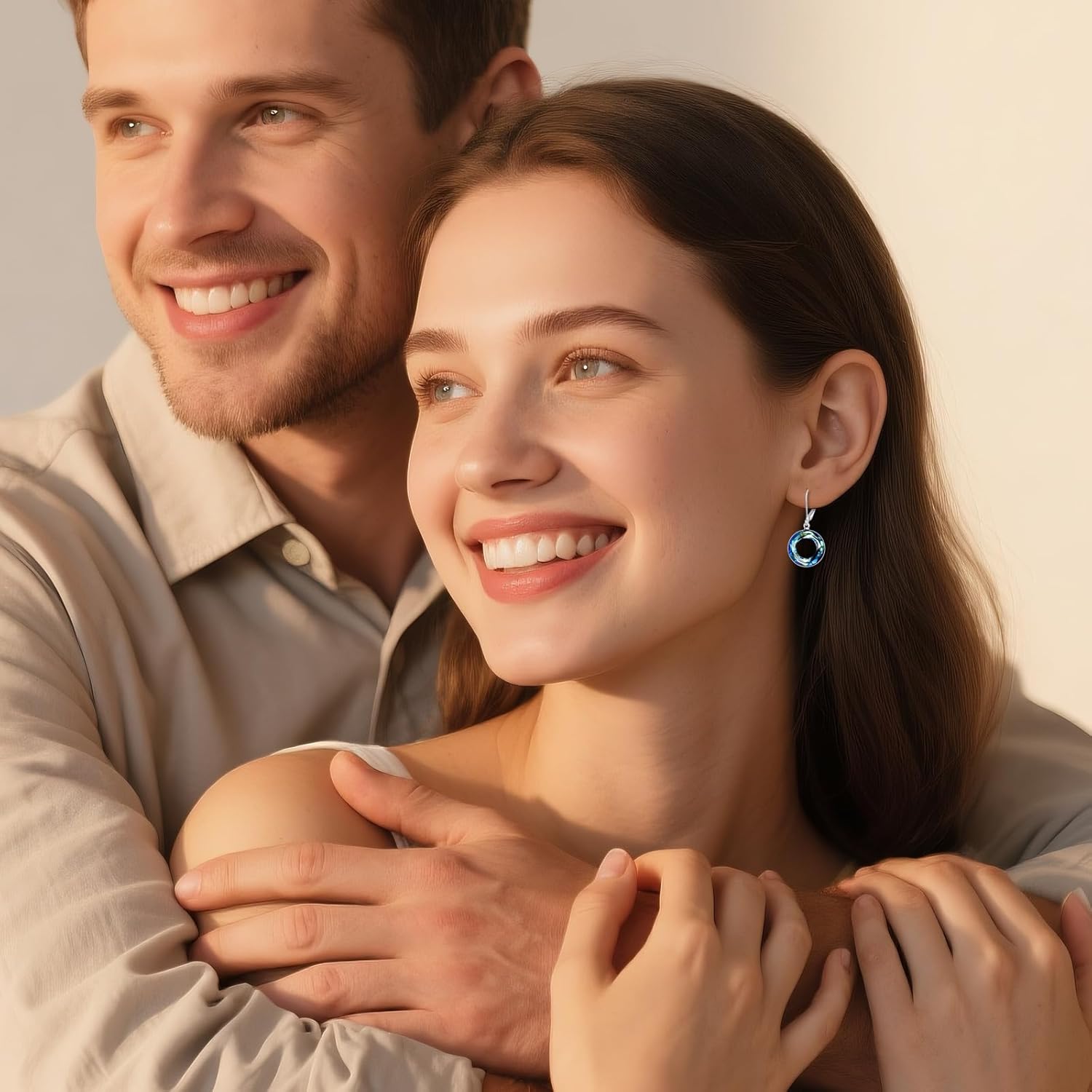 AOBOCO Circle Crystal Dangle Earrings Sterling Silver with Blue Austria Crystal Leverback Dangle Earrings for Women Mom Wife Jewelry Christmas Birthday Gifts