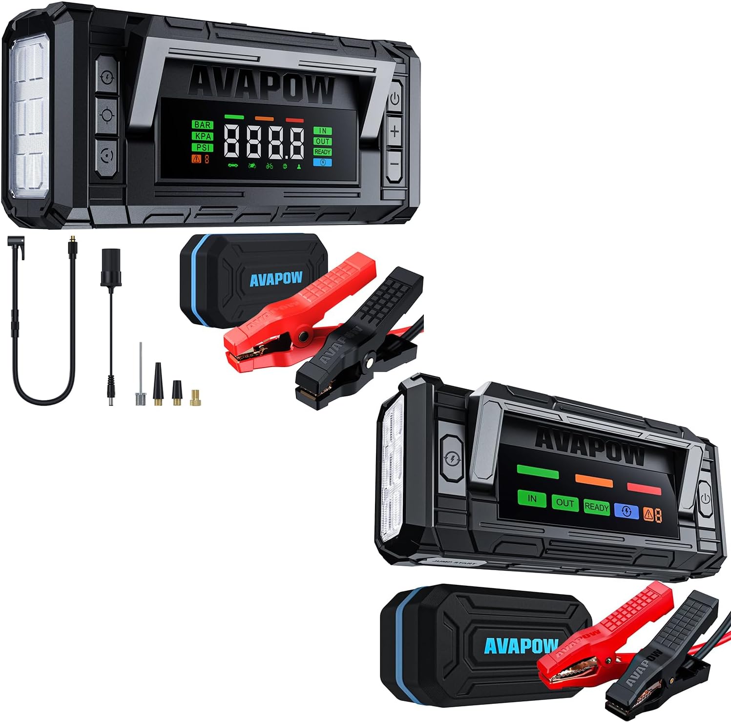 AVAPOW 5000A 150PSI Jump Starter Whit Air Compressor with 4″ HD Display & AVAPOW 8000A Battery Jumper Starter Portable with 4″ HD Display PD 30W Dual-Way Fast Charging