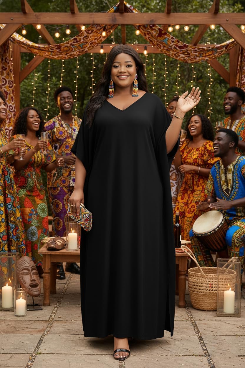 Runwind Women’s Kaftan Maxi Dress Casual V Neck Loose Split Short Sleeve Long Dresses for Church Vacation Plus Size - Image 4