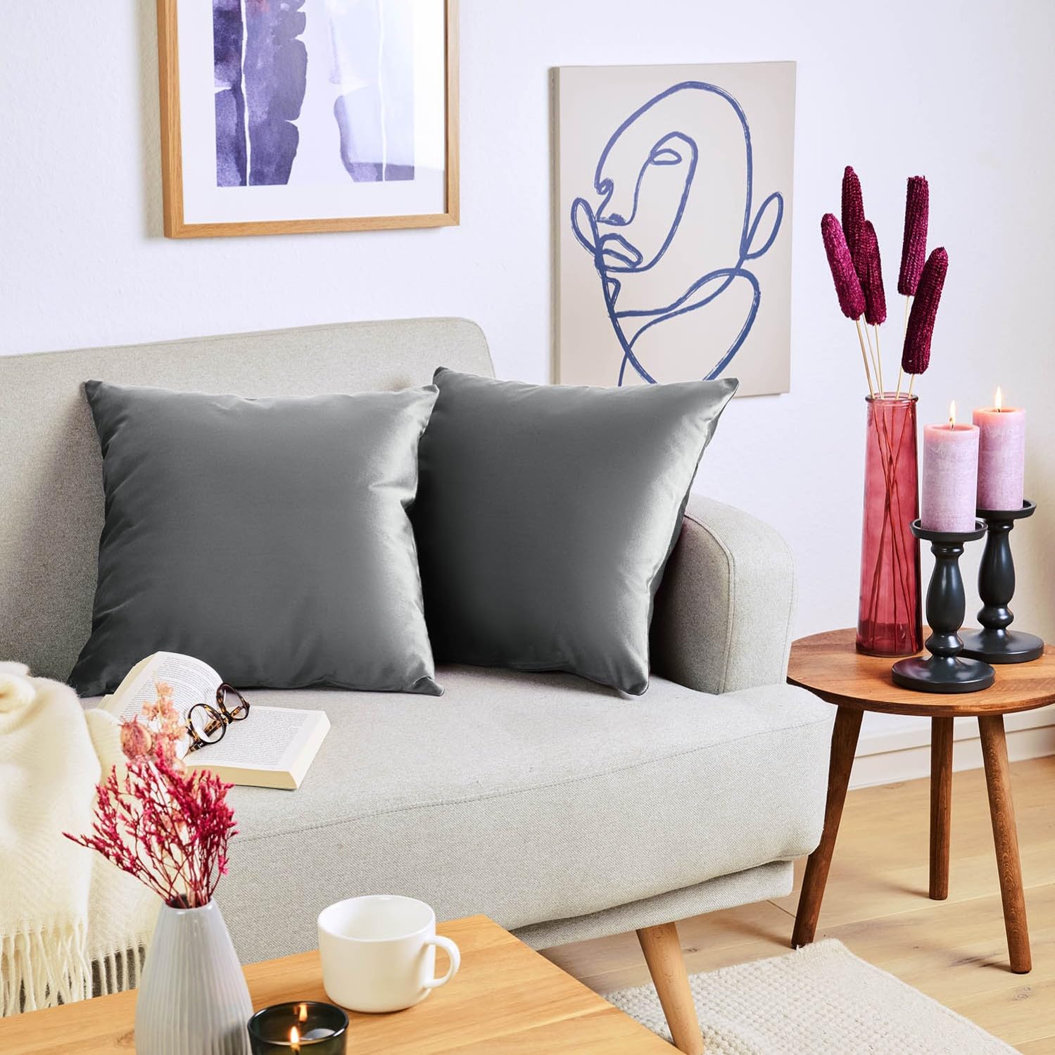 Homescapes Set Di 2 Federe In Velluto Per Cuscini 40x40 Cm – Con Chiusura Lampo, Morbido Velluto Di Cotone, Grigio, Eleganti Per Divano E Letto