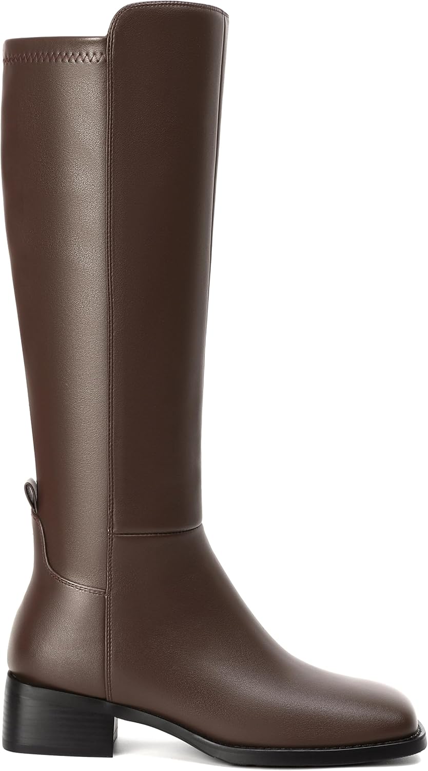 vivianly Women's Knee-High Boots, Faux Leather Elastic Boots Low Heel Square Toe, Side Zipper Tall Boots 6 Brown