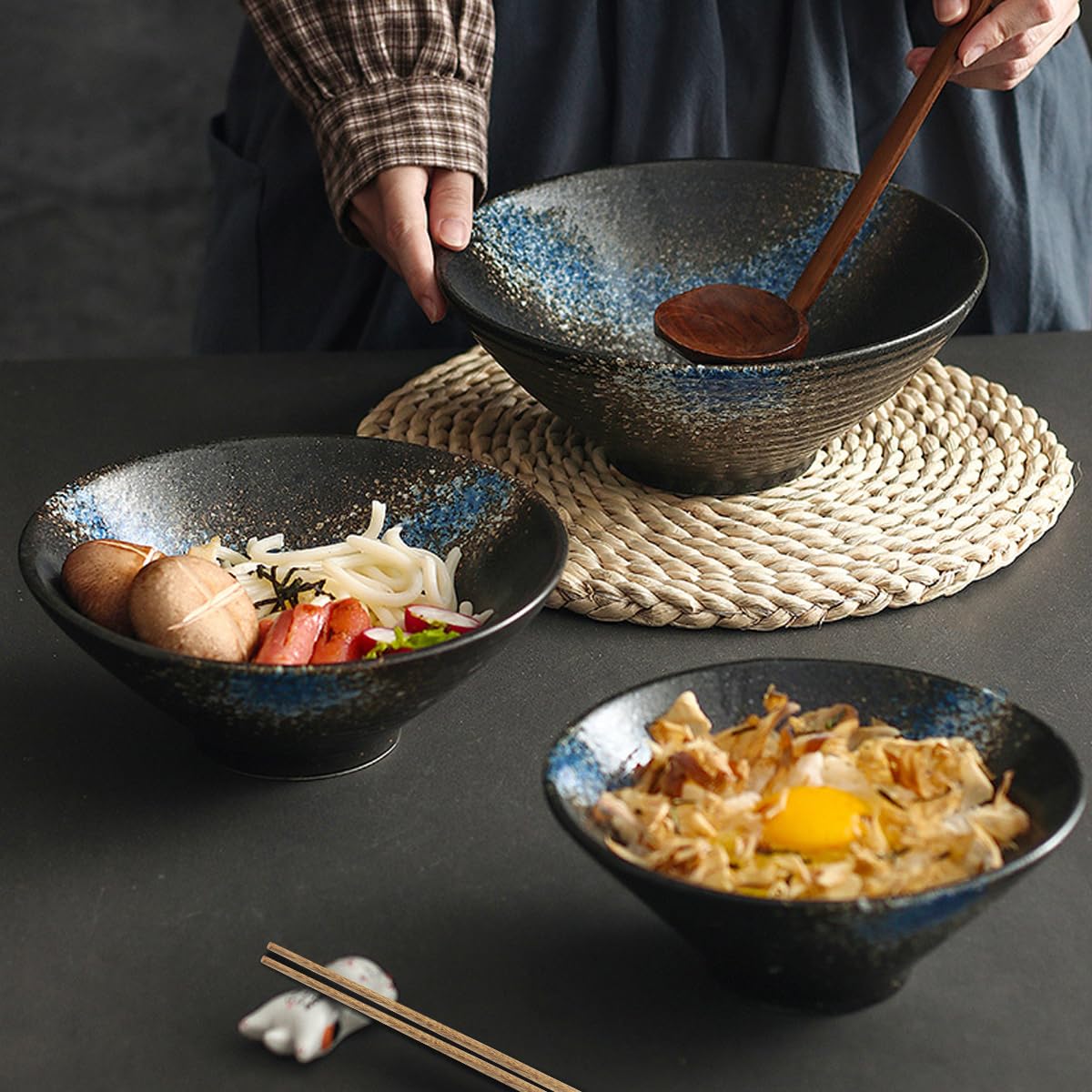 Set De 2 Bols à Ramen En Céramique Avec Cuillère Et Baguettes - 1000ml - Antidérapant - Style Japonais