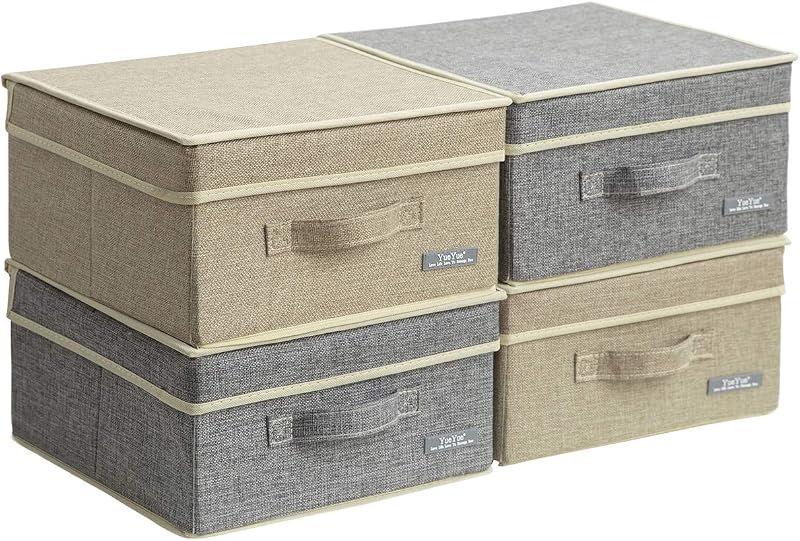 YueYue Paquete de 4 cajas de almacenamiento pequeñas de tela con tapas, caja de almacenamiento plegable de lino con tapas, juego de 4 piezas gris y lino de 12,4 pulgadas/12 pulgadas/6,7 pulgadas