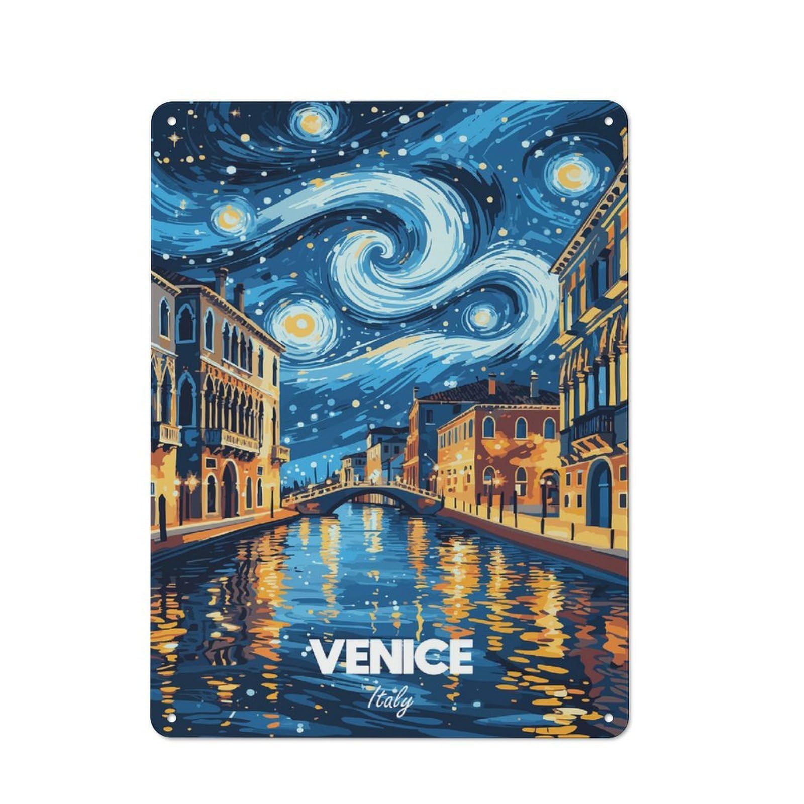 Junmoney Style Farmhouse Metal Sign With Venice Italy Starry Night Art Design 40X30cm, Rustic Country Wall Plaque For Cottage, Kitchen, Hallway Or Breakfast Nook