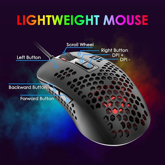 383 Ultralight Wired Gaming Mouse, Lightweight Honeycomb Shell, 4 RGB Breathing Backlit Mice, 4 Adjustable DPI 2400, USB Optical Model Mice for Win10/XP/Xbox/PS4/PS5/Mac/HP/Acer (Black)