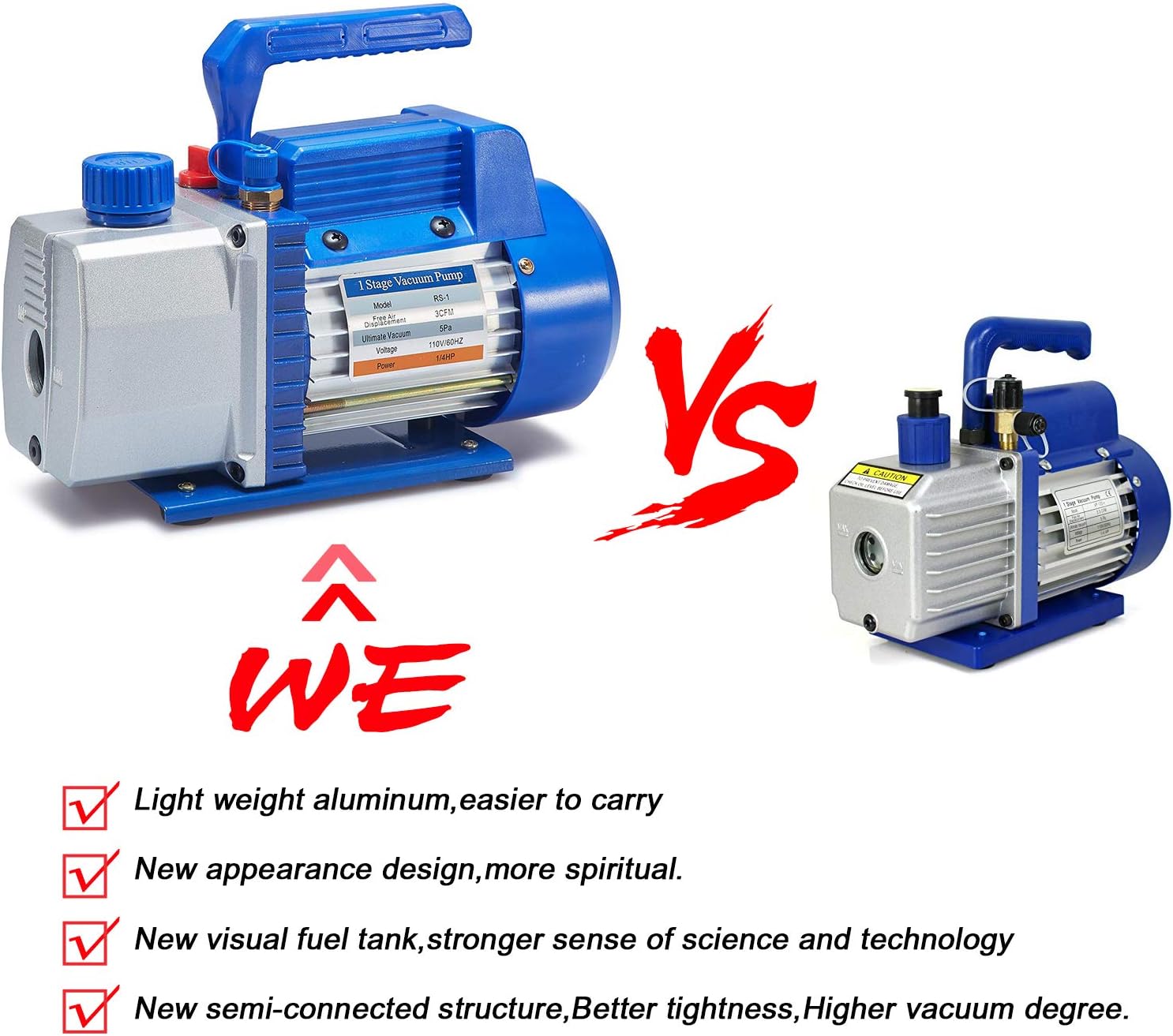 New Position 3.0 CFM Single-Stage 5 Pa Rotary Vane Economy Vacuum Pump for HVAC, Air Conditioner Refrigerant,Food Packaging,Milking, 1/4" Flare Inlet Port, Blue