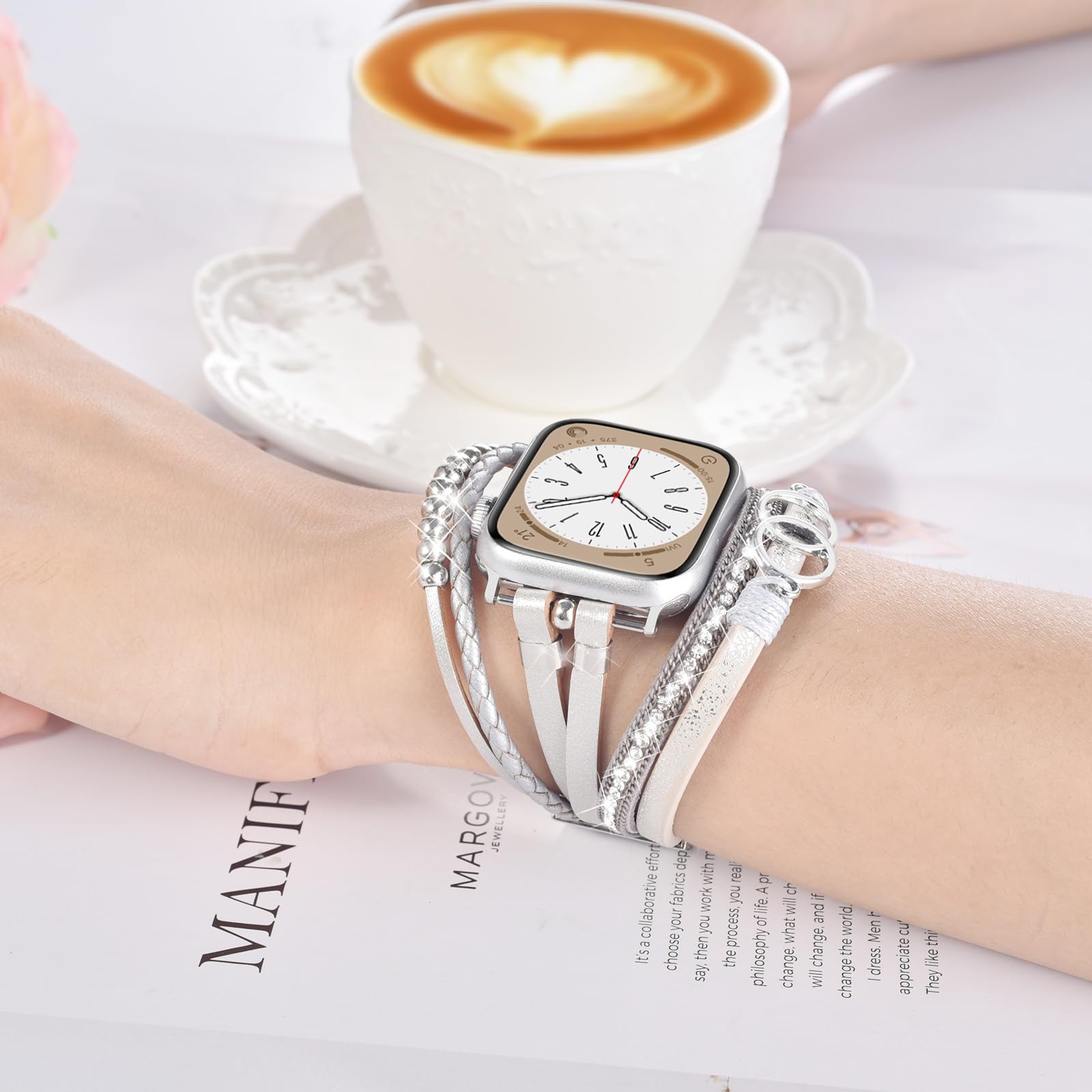 MOFREE Boho Leather Bracelet Compatible with Apple Watch Band 38mm 40mm 41mm Women, Handmade Multilayer Wrap Beaded Jewelry Apple Watch Strap for iWatch Series 9 8 7 6 5 4 3 2 1 Silver