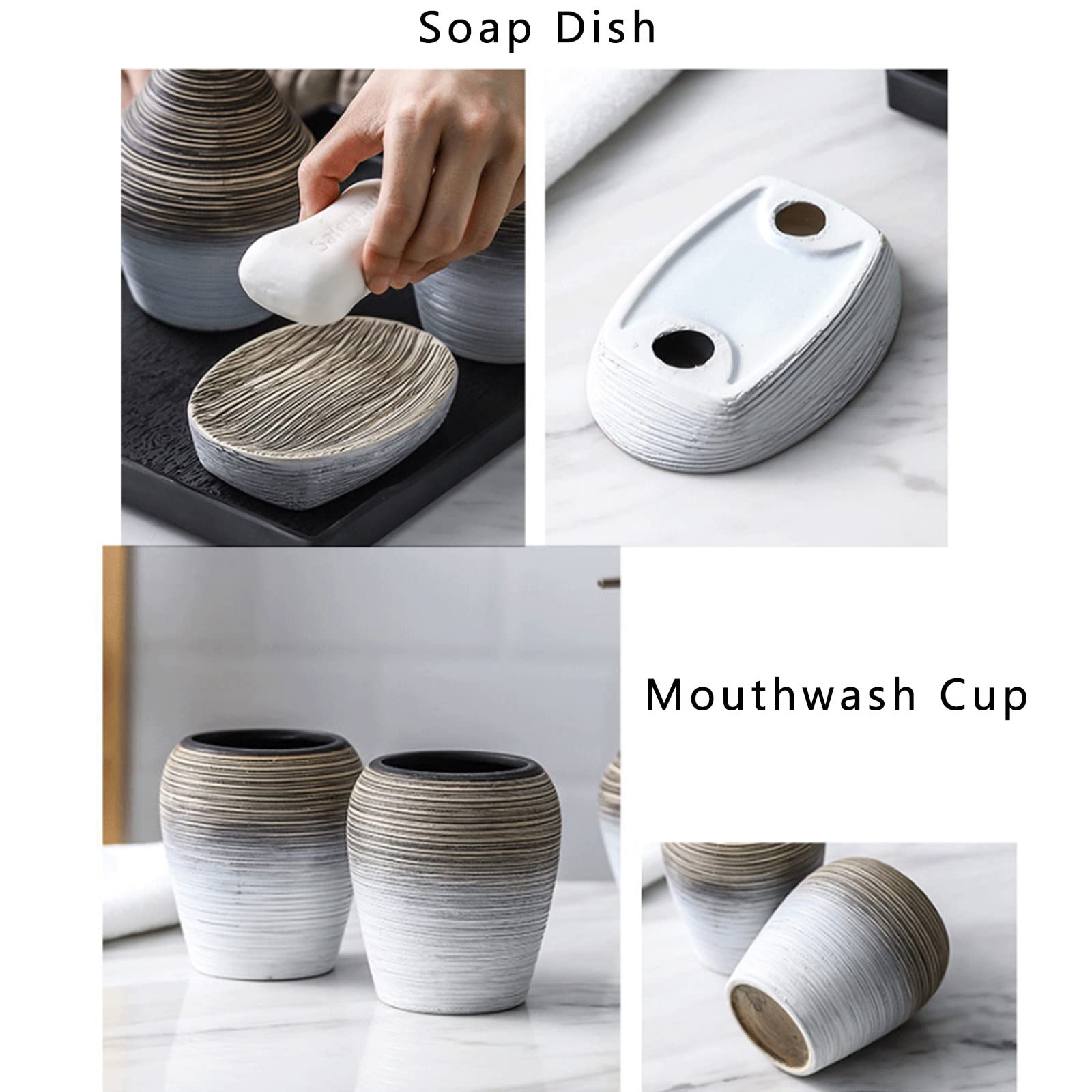 Juegos de Accesorios de baño, Acesorios Cuartos de Baño 5 Piezas con Dispensador Jabon Baño, Jabonera Baño, Porta Cepillo de Dientes, Bandeja, para Champú Gel de Ducha Cerámica Cepillado