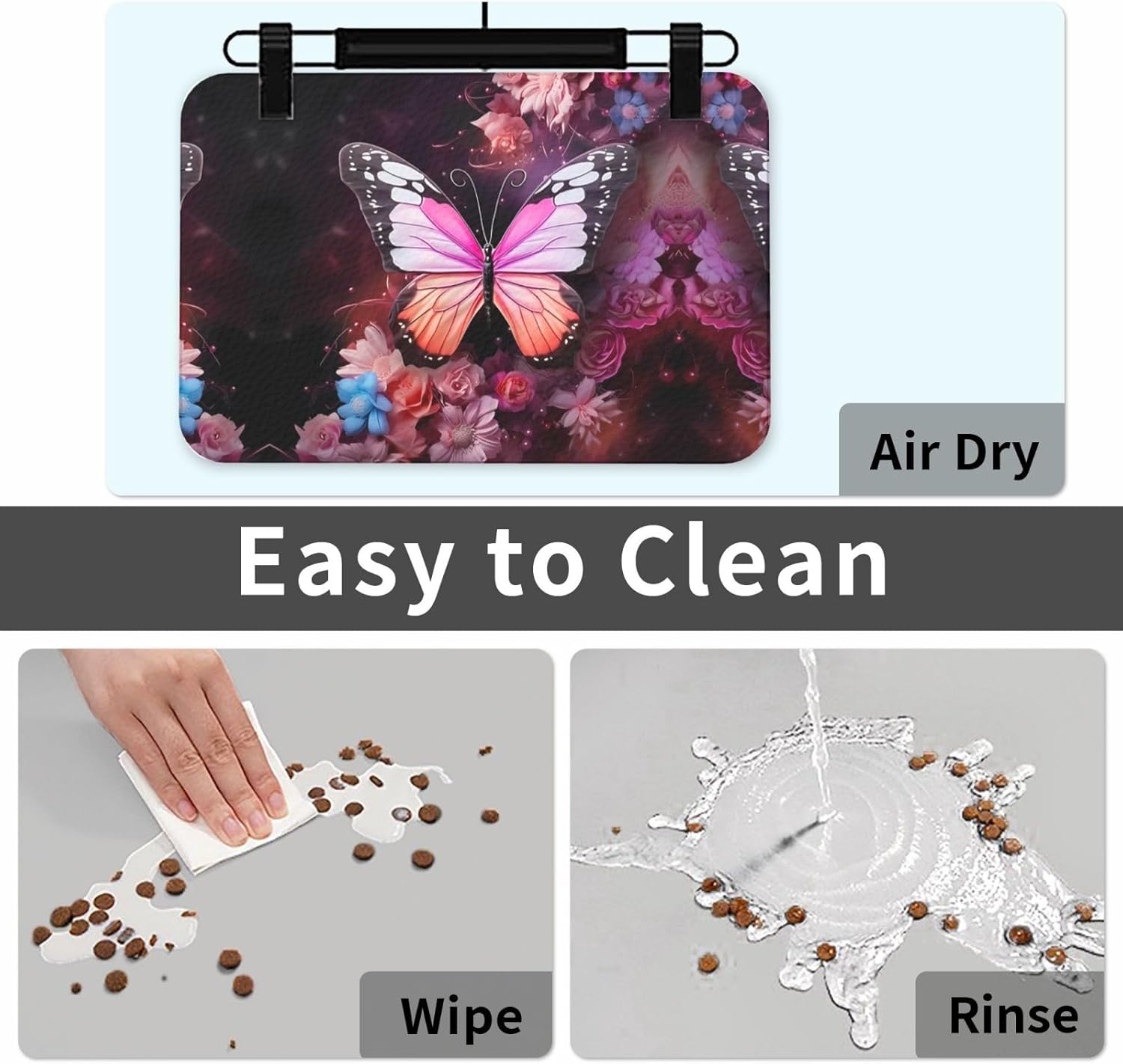 40x60cm Butterflies and Flowers Print Pet Absorbent Feeding Mat - Quick Dry Food Pad/Leather Placemat, for Dog Cat Food Bowl Water