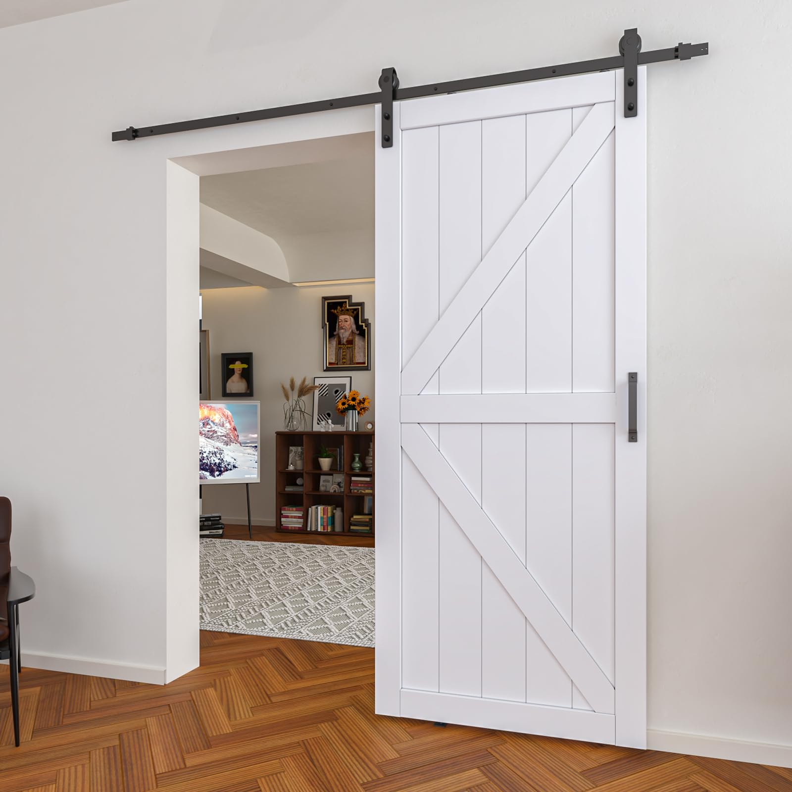 Lakenyon Sliding Barn Door,K-Frame with Hardware Kit Included,MDF & DIY Painted,Assembly Needed,White