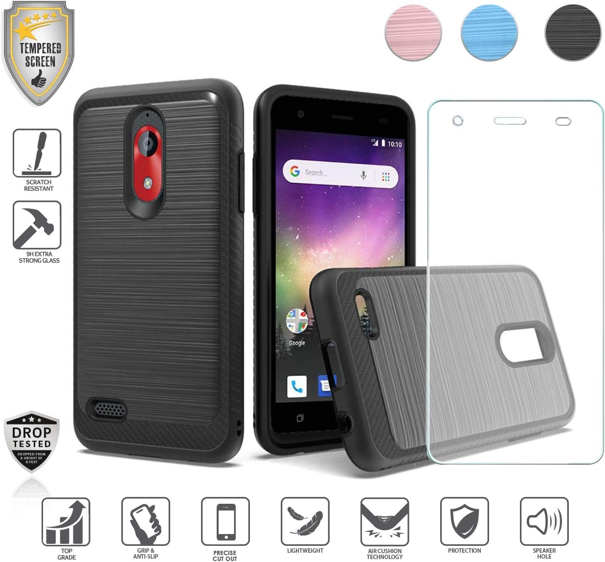 Compatible for Coolpad illumina 3110a, Legacy Go 5.0" (BoostMobile only) Case, with Tempered Glass Screen Protector, Premium Tough Armor Metallic Brushed Design Hybrid [Shockproof] Case (Black)