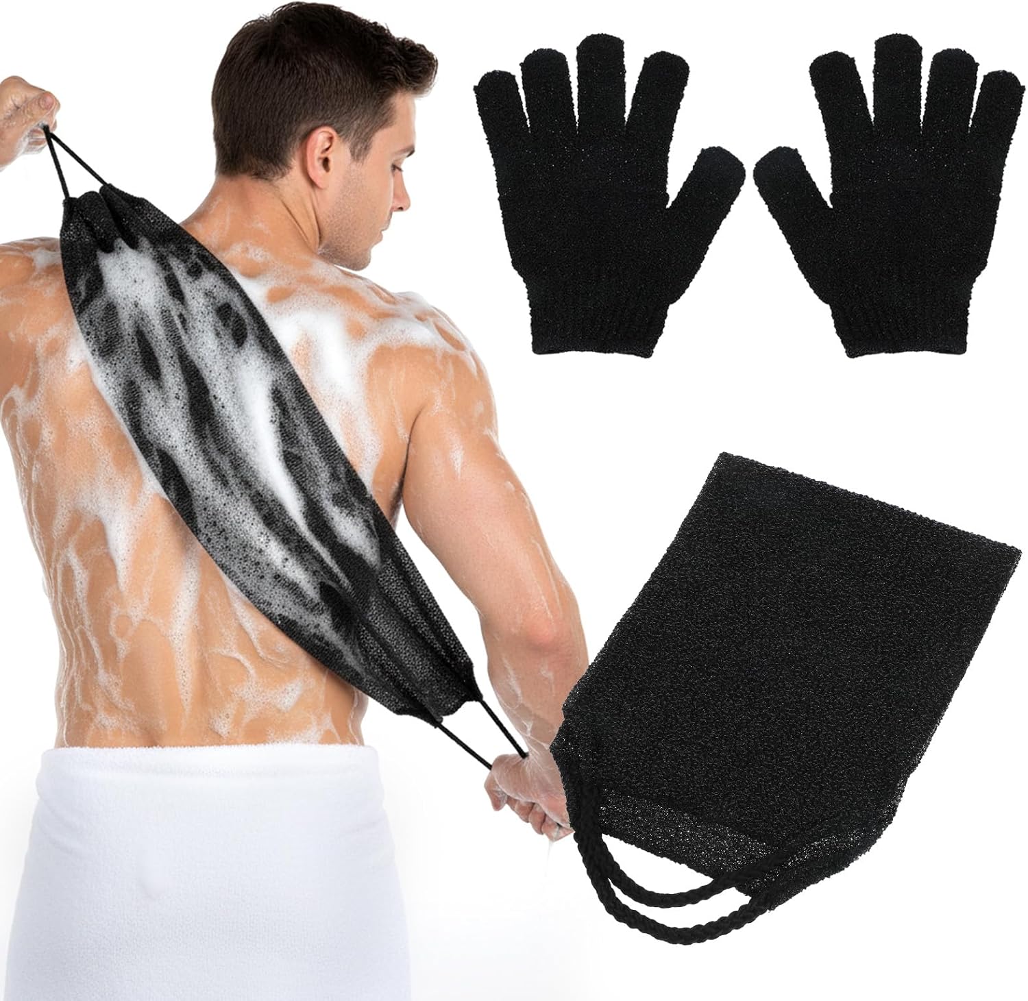 2 Pack Exfoliating Back Scrubber Bath Gloves Set Washcloth Back Scrubber Set Exfoliating Shower Towel with Gloves Cleaner Wash Glove to Remove Dead Skin Body Scrub Towel for Women Men Bath Shower