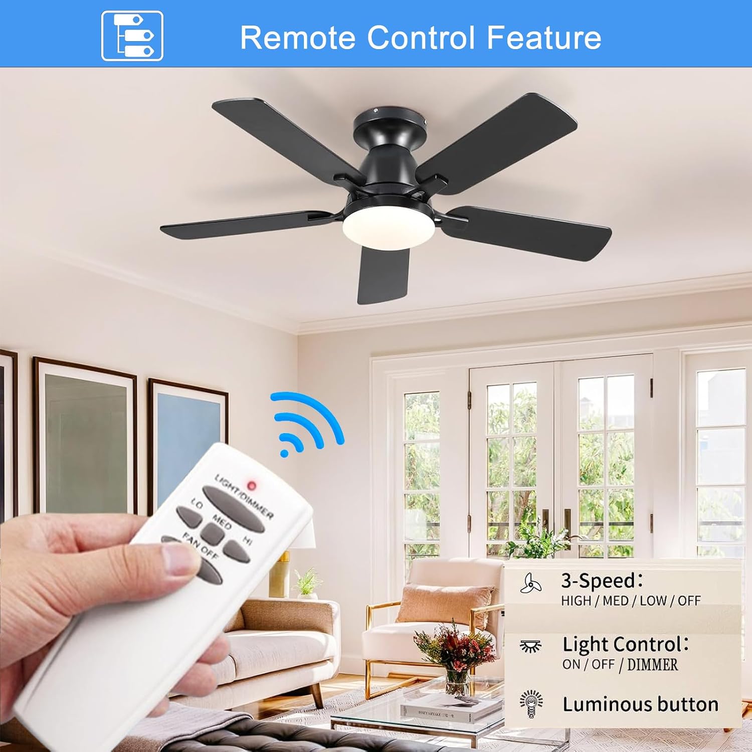 HD HD5 Ceiling Fan Remote Control Replacement for Hampton Bay Hunter Ceiling Fans, Compitable with UC7078T CHQ7078T CHQ8BT7078T RR7079T L3H2010FANHD L3H2014FANHD HD6 3-Speed, Light Dimmer, 303.9MHz