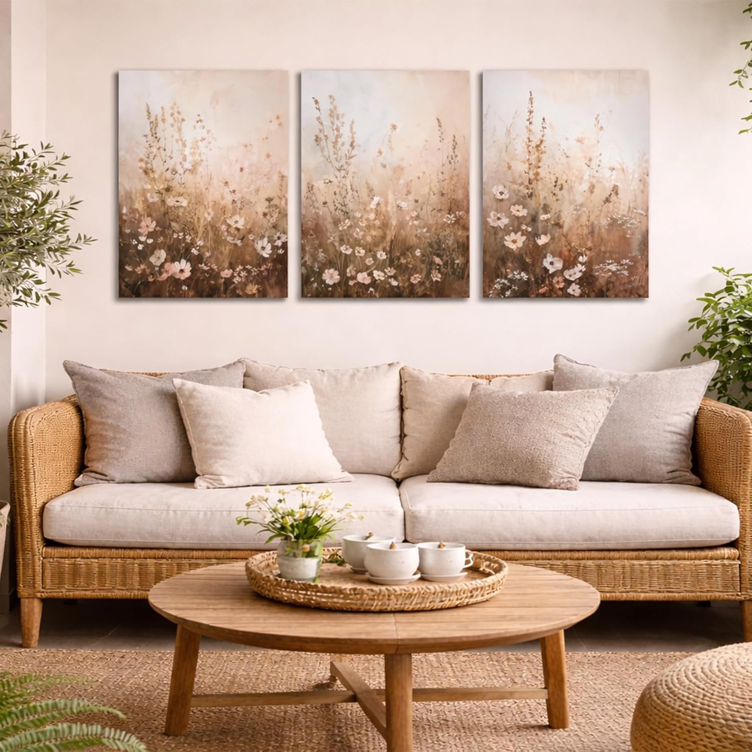 CHTEXA Wildflower Wall Art Canvas Set of 3, Rustic Neutral Botanical Prints, Beige Brown Meadow Artwork, Modern Farmhouse Nature Decor for Living Room, 16x24 Inch