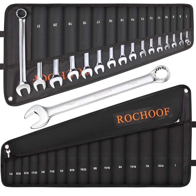 Jogo de Chaves Combinadas ROCHOOF em Aço Cromo-Vanádio, Pontas 12 Pontos SAE e Métricas, 1/4" a 1" (6,35 a 25,4 mm) e 7 a 22 mm, com Bolsa Enrolável, CW005-32, Kit com 32 peças