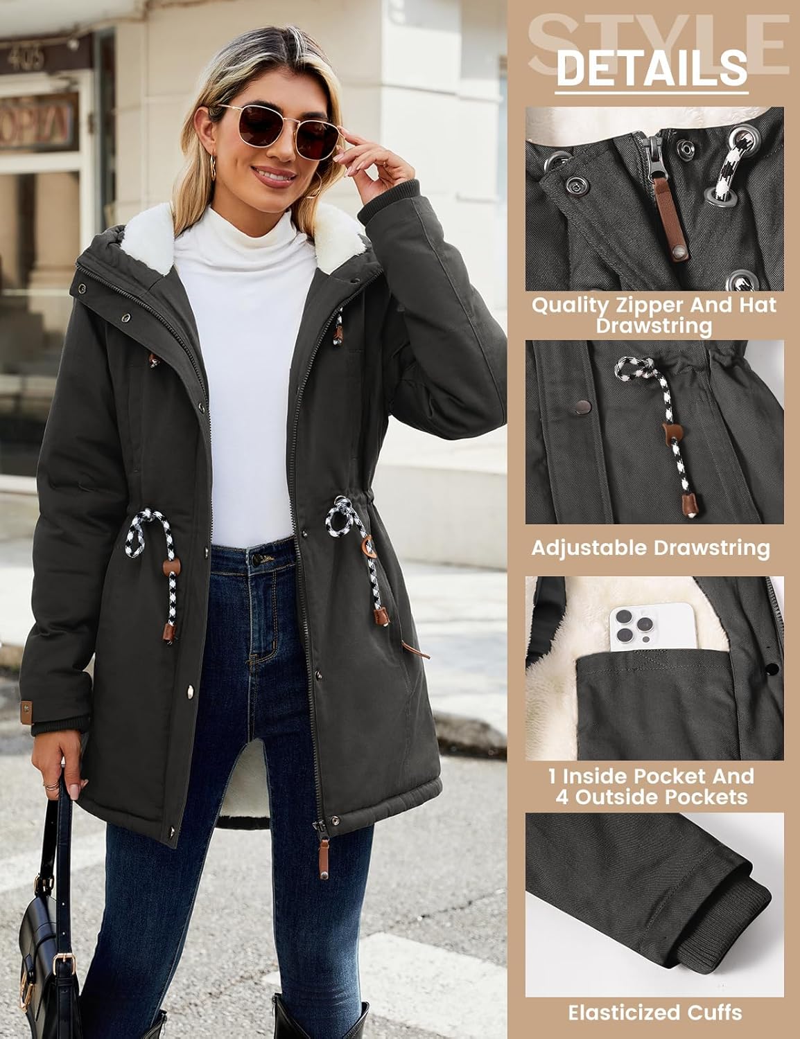 Women's Winter Fleece Lined Sherpa Parka Jacket Warm Thicken Fuzzy Hooded Down Coat Casual Plush Drawstring Outerwear - Image 3