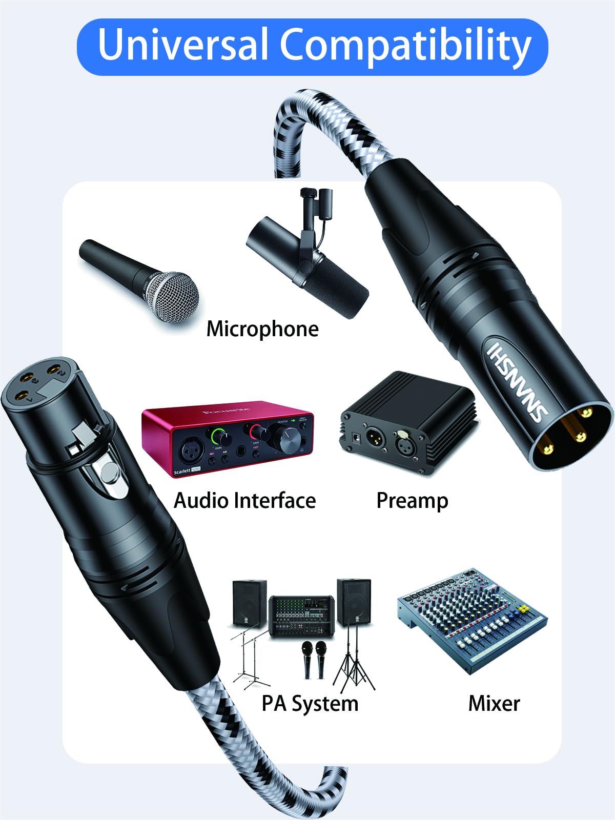 SNANSHI Cables XLR, 100 pies, cable de micrófono XLR equilibrado con cobre libre de oxígeno, doble blindaje, conectores chapados en oro y cubierta trenzada de nailon para micrófonos, mezcladores e