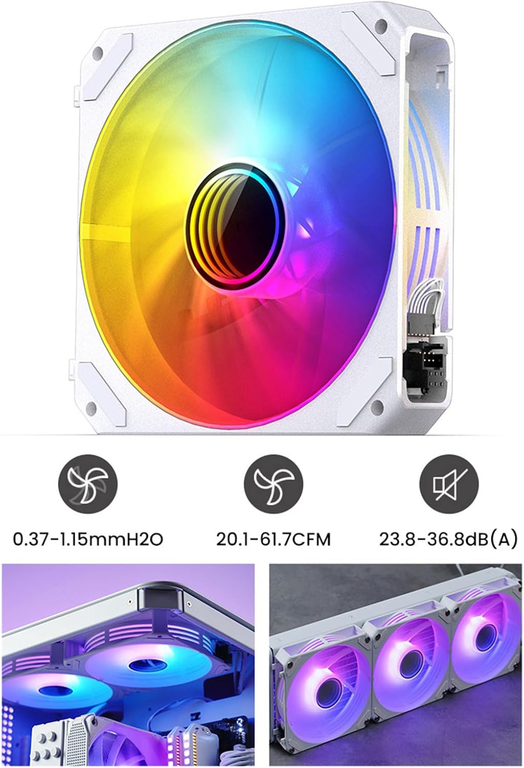 Computer Case Fan 120mm ARGB Fan for Computer Cases Sync CPU Cooler Radiator Colorful Case Fan 5V 3Pin PWM 120mm ARGB Fan, White