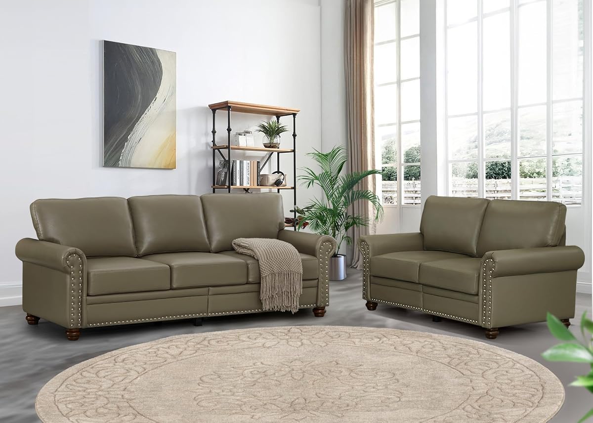 2 Piece Faux Leather Sofa Set,Modern Couch and Loveseat Sets with Storage,Mid Century Couch with Rivet Rolled Arm,Comfy Deep Seat Sofa,Furniture for Living Room,Office(Loveseat+3 Seater,Taupe)