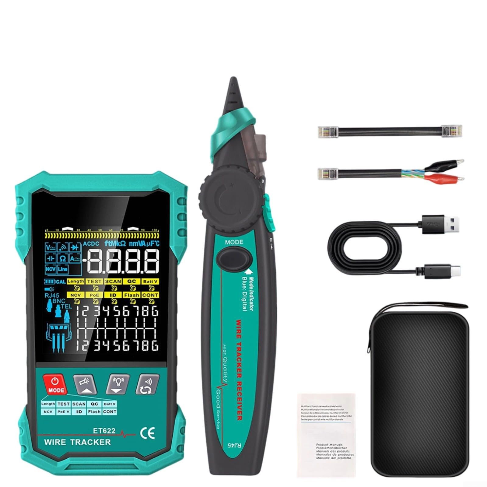 Testeur de câble réseau 2 en 1 et multimètre, 25-400 m de longueur avec pour test de tension Poe, détection NCV, écran LCD pour câbles BNC RJ45 (ET622)