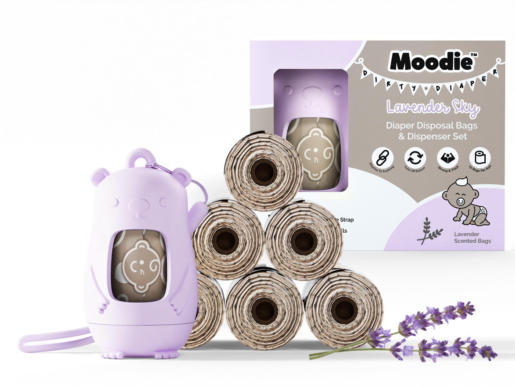 Moodie - Sacchetti usa e getta per pannolini, confezione da 105 sacchetti profumati alla lavanda, in totale e 1 dispenser per pannolini