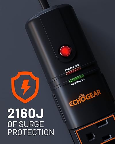 Miniatura 3 de ECHOGEAR Regleta de protección contra sobretensiones VoltSpin con tomas giratorias, enchufe plano, cable largo y agujeros de montaje, regleta de