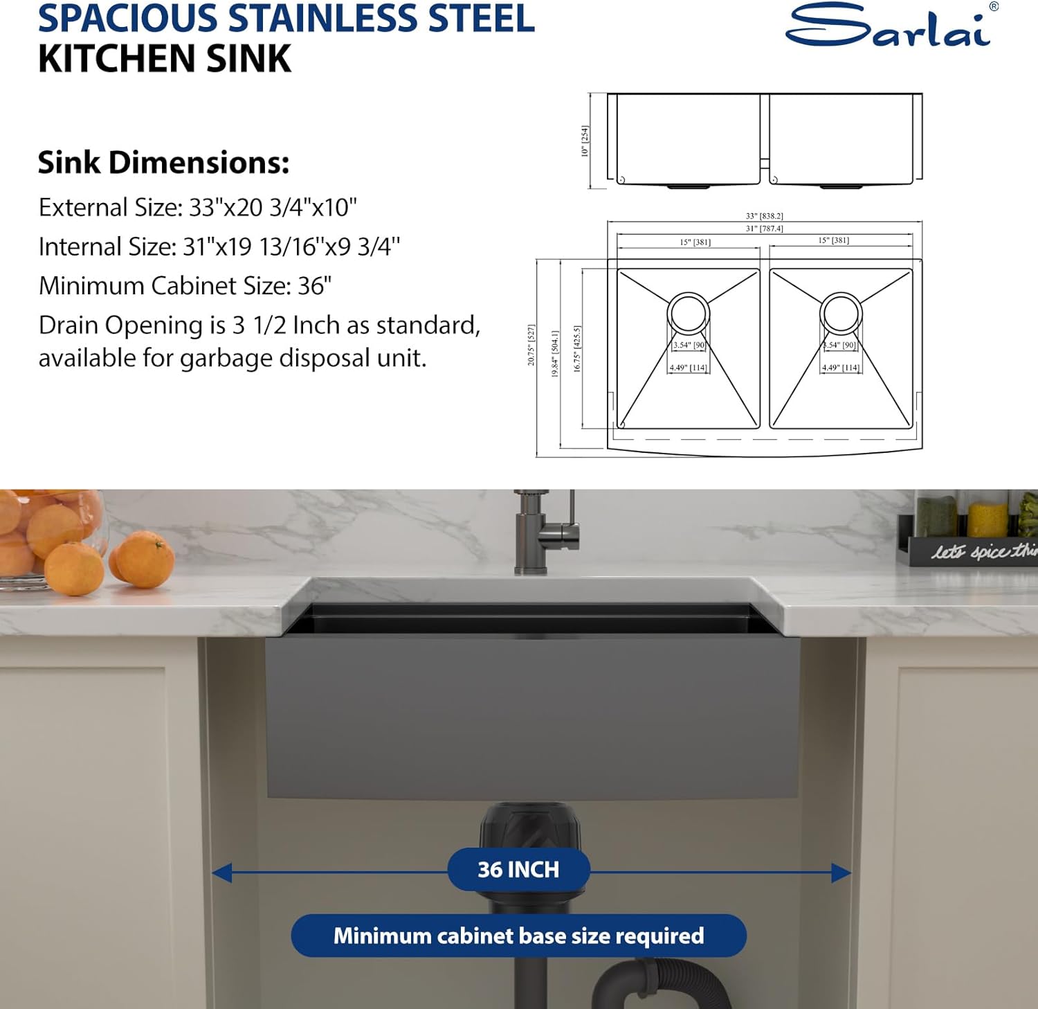 Sarlai Black Farmhouse Sink 33 Inch Double Bowl - 33x21 inch Apron Front Kitchen Sink Double Bowl 50/50 Gunmetal Black Stainless Steel 16 Gauge Round Corner Farm Farmer Kitchen Sinks