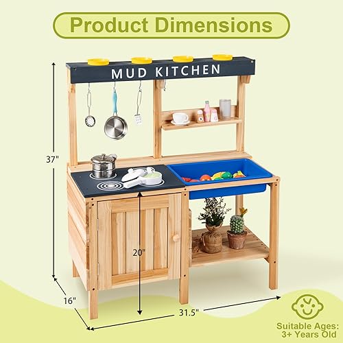 Miniatura 7 de HONEY JOY Cocina de barro, cocina de madera de cedro para niños pequeños, fregadero extraíble, accesorios de cocina, caja de maceta, armario de