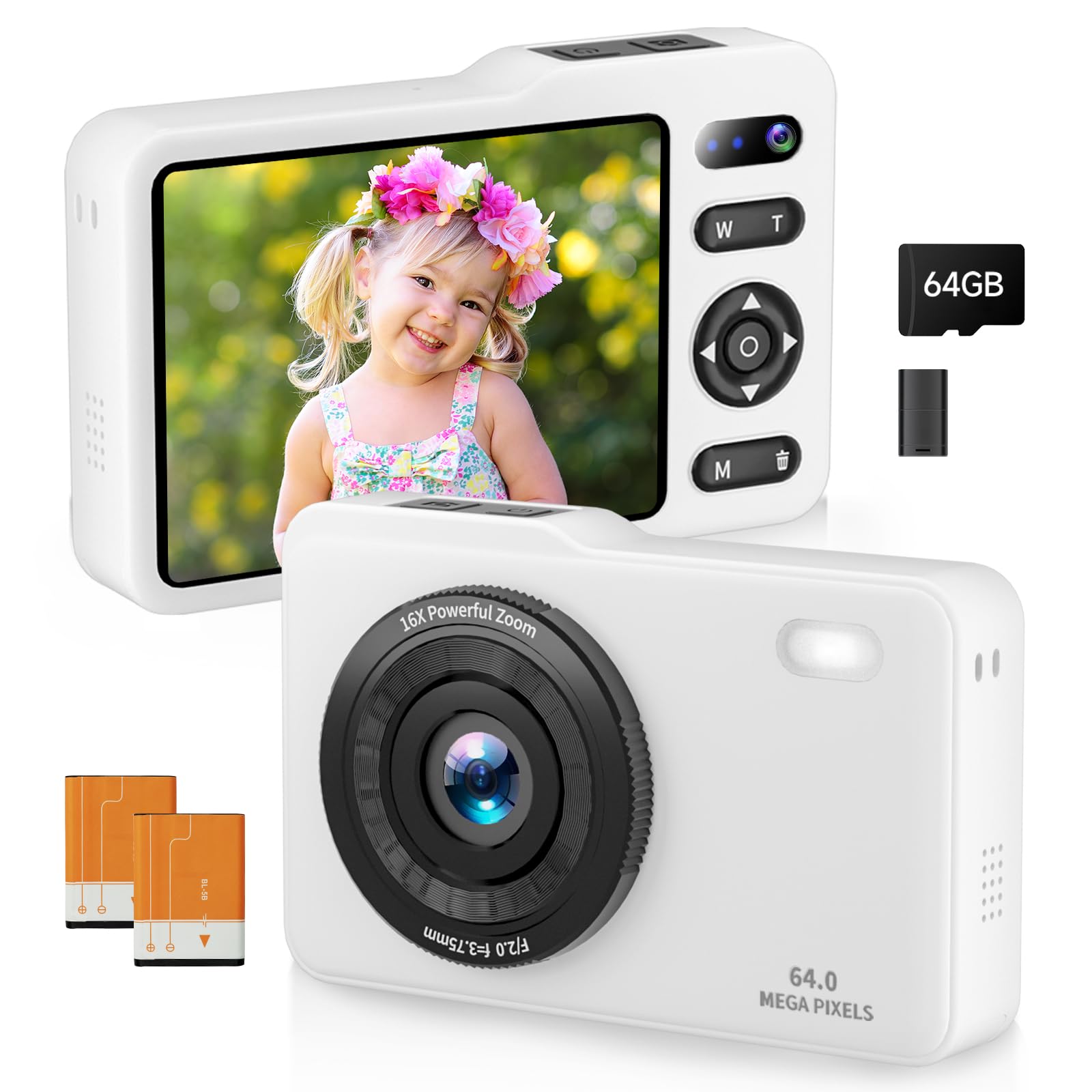 Digital Camera, 64MP Dual Lens Autofocus Point and Shoot Digital Camera, 16x Zoom Vlogging Camera with 2 Batteries, Portable Rechargeable Small Camera for Kids Teens (White)