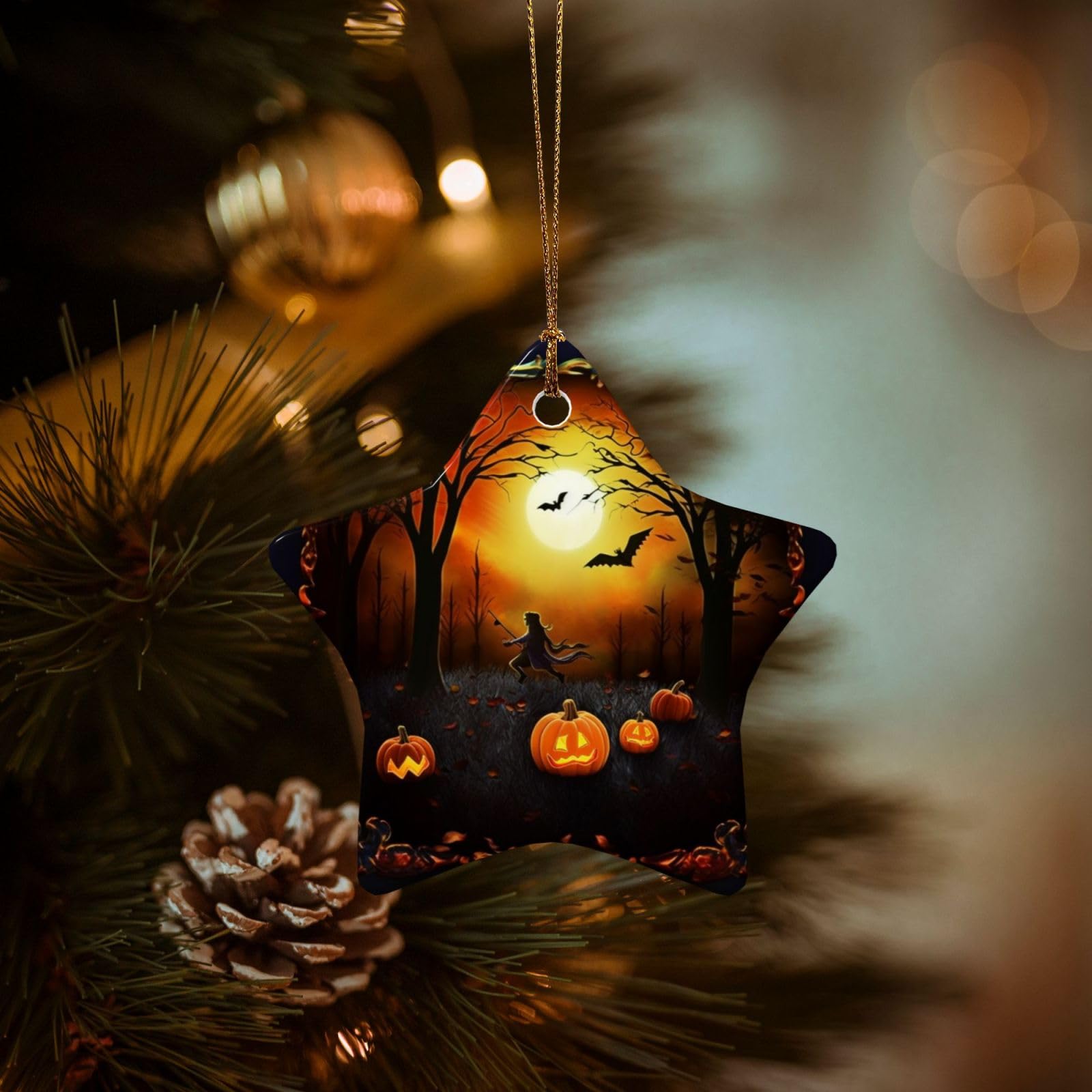 Christmas Tree Ornaments Ceramics Christmas Decorations Halloween Party Ornaments with Gold Ribbon Porcelain Xmas Tree Crafts Star Shape Hanging Pendant for Christmas Tree Party Decor