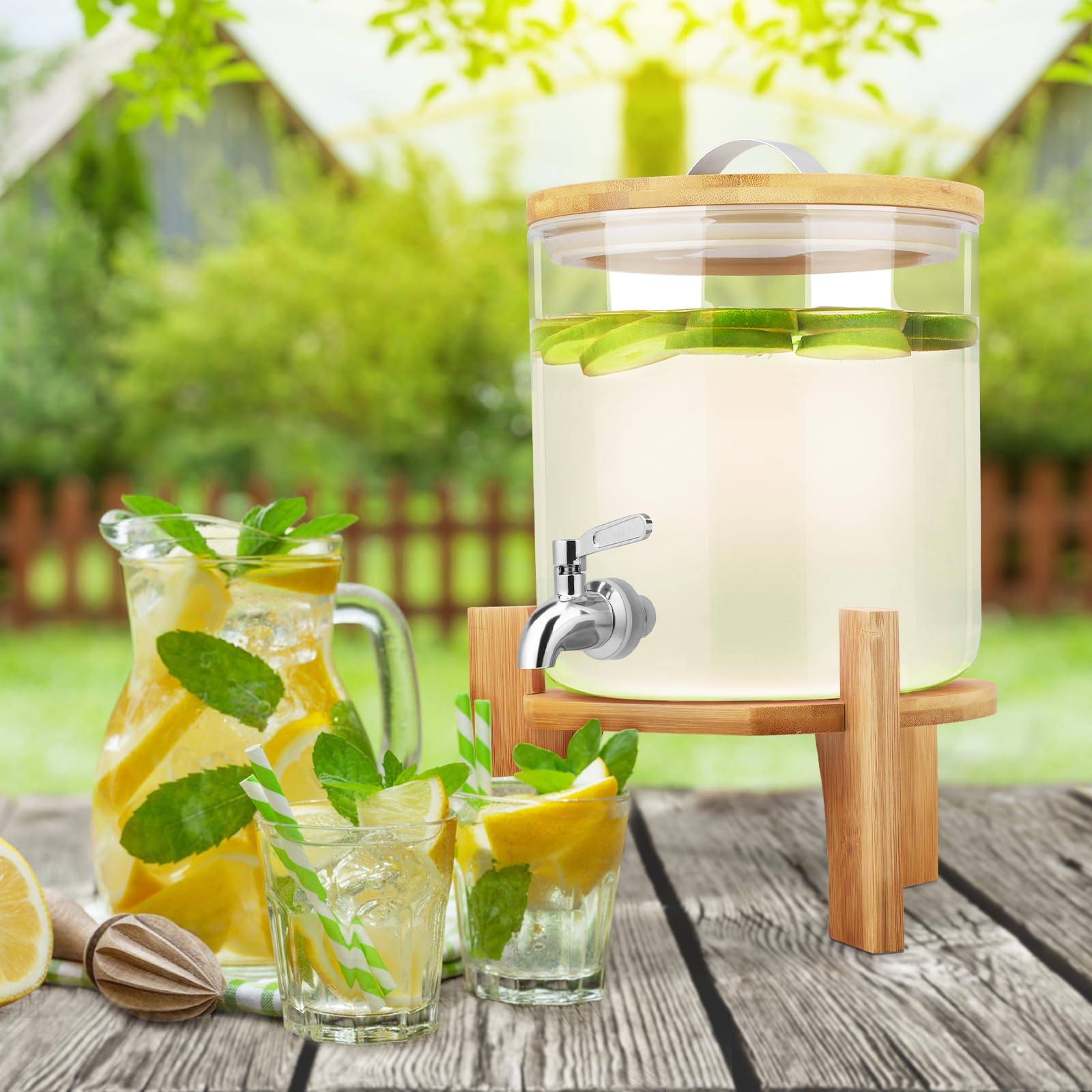 Dispenser per bevande in vetro borosilicato resistente alle alte temperature, con coperchio a bocca larga, barattolo per bevande calde con supporto in bambù, per succhi di frutta, acqua, tè