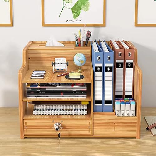 Miniatura 7 de Organizador de escritorio de bambú, organizador de archivos de madera de escritorio, soporte para bolígrafos y soporte para pañuelos, 1 cajón con