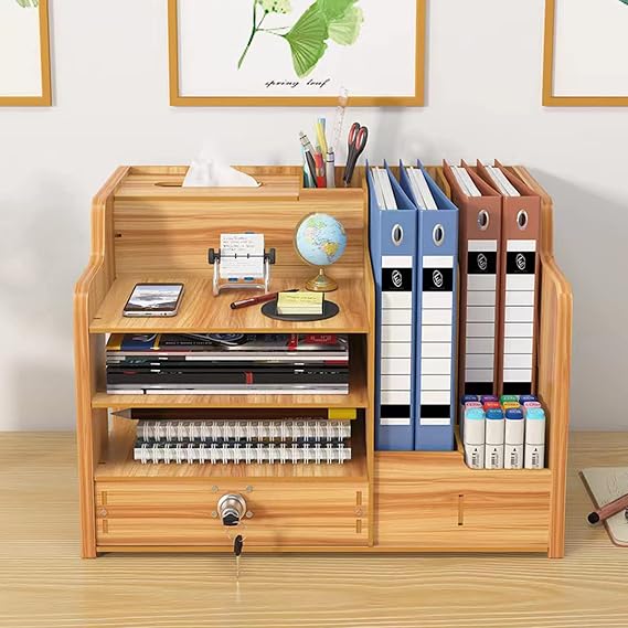 Bamboo Desk Organizer, Desktop Wood Bookshelf File Organizer, Pen Holder and Tissue Holder, 1 Drawer with lock for Office, Home, Need to Install(Cherry Wood)