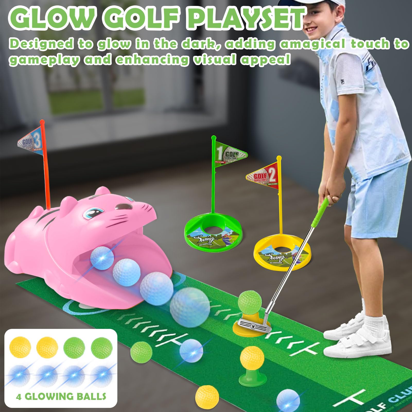 Lot de 18 Mini Golf pour Enfants, Golf Enfant Intérieur Extérieur, 3 Clubs Colorés, 8 Balles, Tapis de Putting Rose