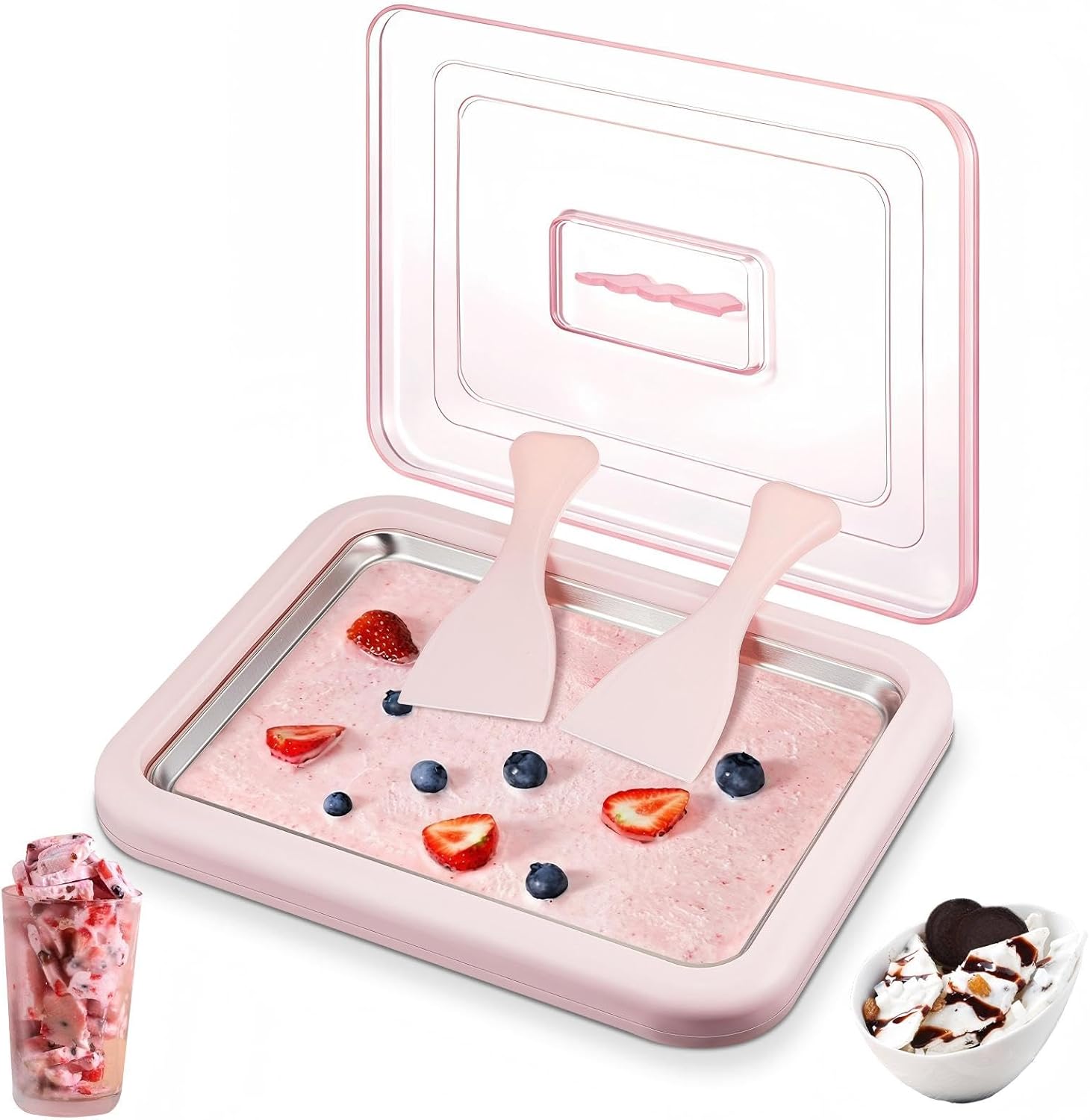 Lewtemi Rolled Ice Cream Maker Instant Ice Cream Roller Tray with Lid and 2 Spatulas Food Grade Premium Stainless Steel Cold Plate Pan Roll No-electricity for Fun Family Activities, Homemade DIY, Pink