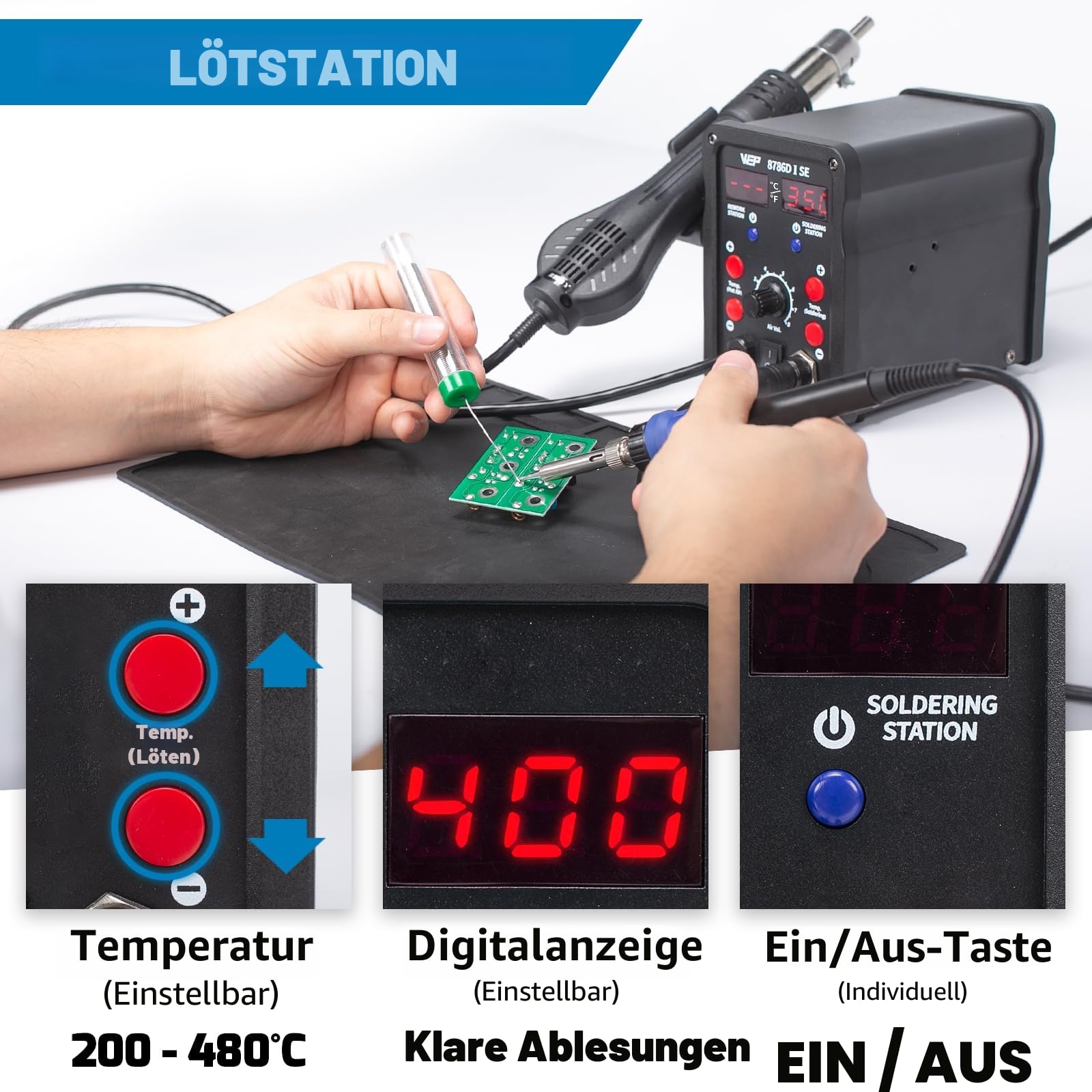 WEP 8786D-I SE 2-in-1-Hot-Air-Lötkolben-Station-Kit zum Rework und Desolderen mit bleifreiem Lötdraht, 5 Lötspitzen, 3 Heißluftdüsen, Pinzette, Entlötpumpe (EU Stecker)