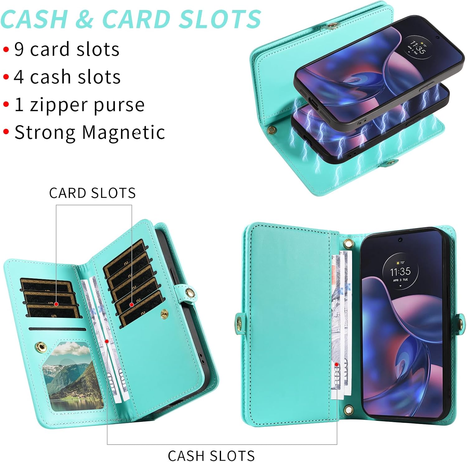 Phone Case for Motorola Moto Edge 2022/MotoEdge 5G UW 2022 Zipper Wallet Detachable Cell Cover with Screen Protector Crossbody Strap Bling Flip Credit Card Holder Gen 3 XT2205-1 XT2205-2 Women Teal