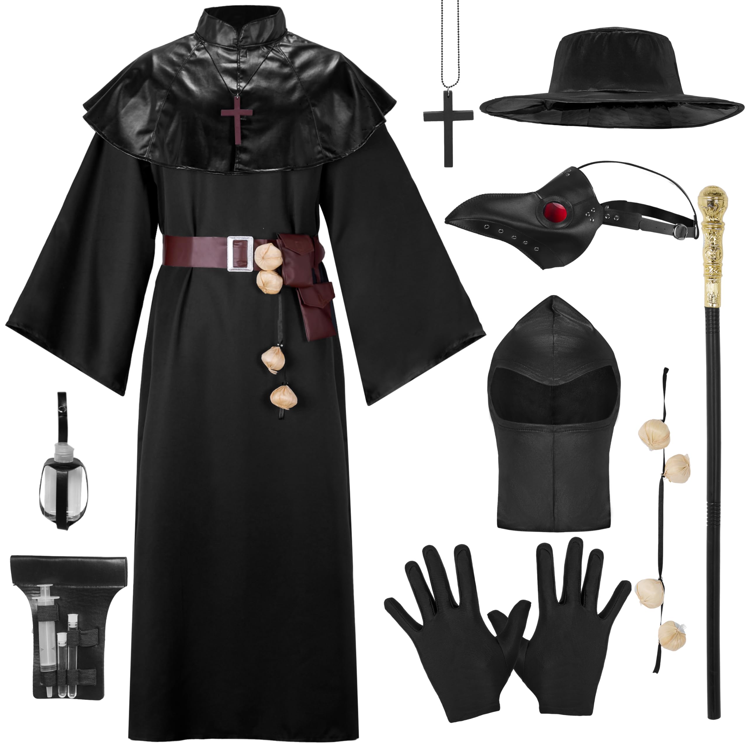 Spooktacular Creations Costume da uomo nero da medico della peste con cappello, maschera, scialle, veste, guanti, cintura, aglio, scettro